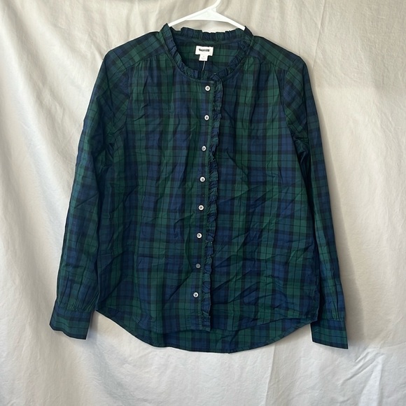 J. Crew Factory Black Watch Plaid Ruffle-Neck Top - Picture 2 of 7